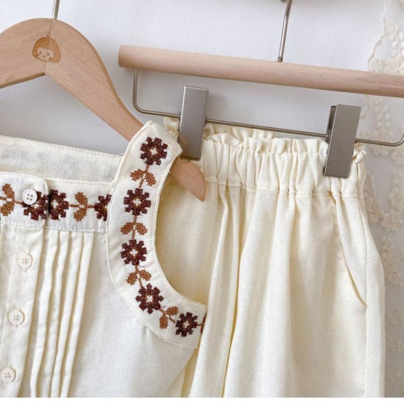 nvxiot Girl Clothes Sets Summer Solid Color Linen Cotton Spaghetti Strap Emboried Tops Wide Leg Pants 2Pcs Outfits Sets With Pants 2-7Y