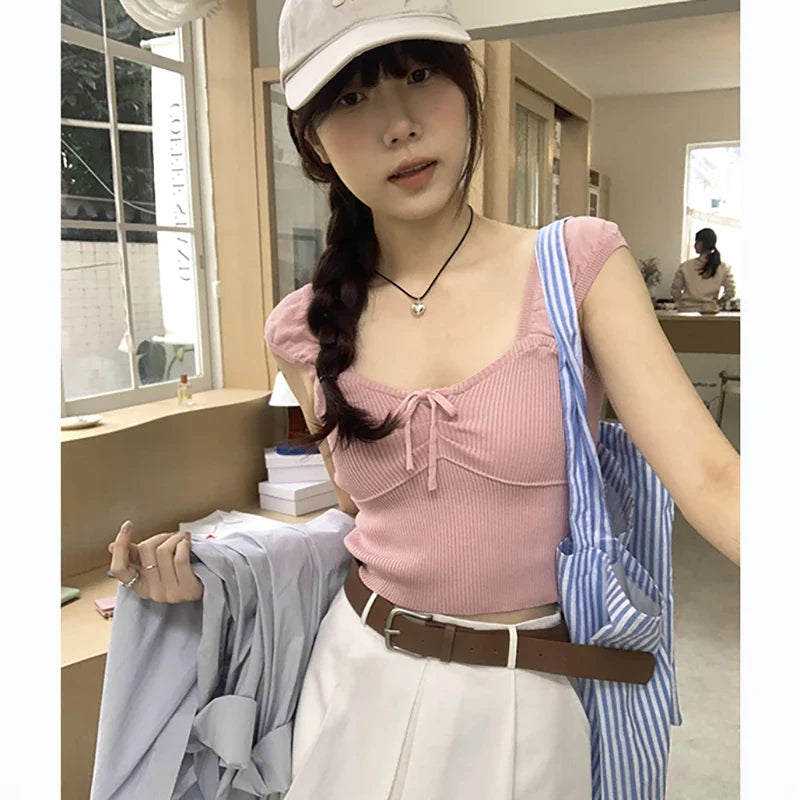 nvxiot - Desire Style Tie Knitted Tank Top for Women 2024 Spring/Summer New Design Sense Short Sweet and Spicy Sexy Sling