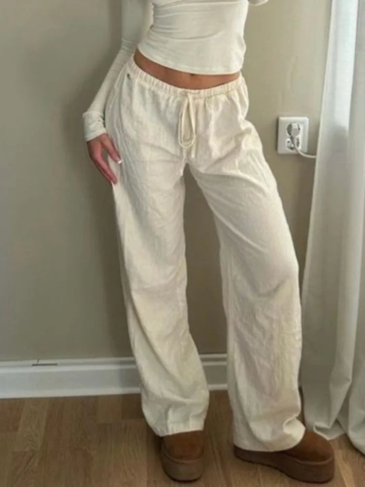 MQTIME - Casual Basic White Pants Women Baggy Low Waist Straight Trousers Solid Color Thin Wide Leg Pantalones Ladies Summer