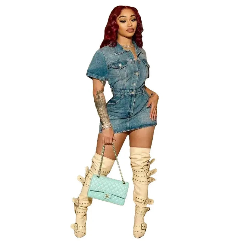 nvxiot - Fashion Slim Stretch Mini Denim Dress Women 2024 Spring Summer Turn Down Collar Short Sleeve Button Bodycon Casual Jeans Dresses