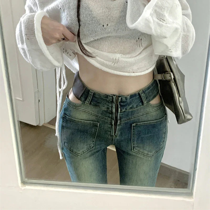 nvxiot Low Waist Hollow Y2K Sexy Slim Distressed Jeans Women Autumn New High Street Fashion All Match Washed Wide Leg Pants