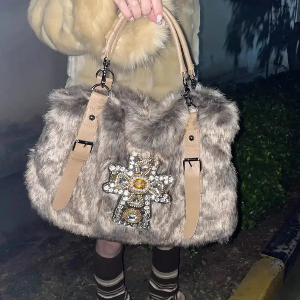 nvxiot - Y2k Womens Shoulder Bag Autumn and Winter Fashion Crucifixion Vintage Tote Bag Harajuku Rhinestone Large Capacity Handbag