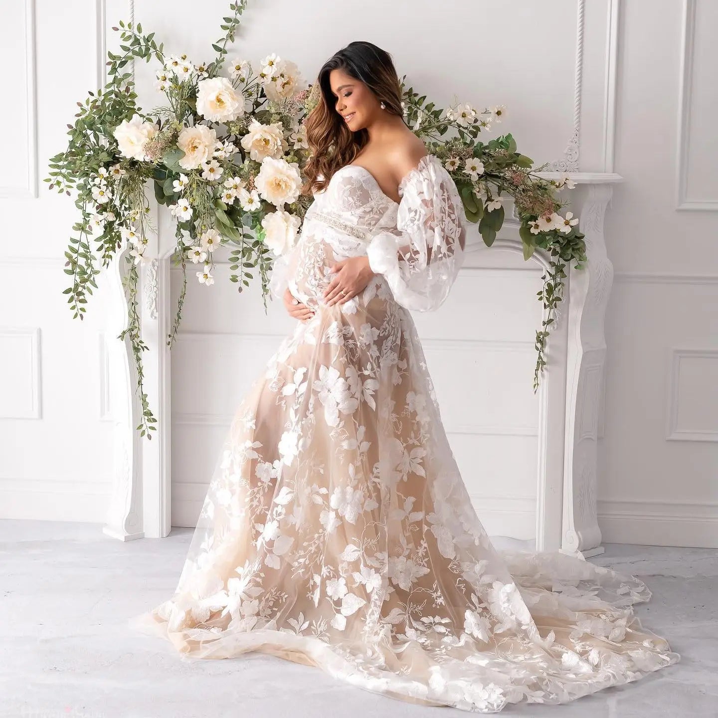 nvxiot - Bohemian Lace Maternity Evening Robes for Photo Shoot Fotos Gowns Long Sleeve Nightgown Baby Shower Dresses for Bride Party