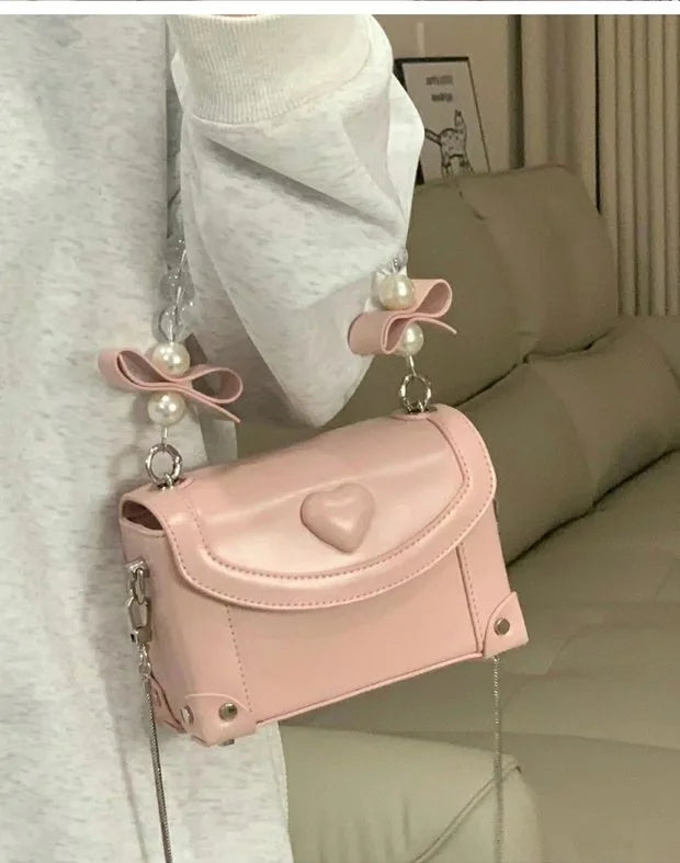 nvxiot - Sweet Pink Messenger Bag Women Fairycore Aesthetic Handle Pearl Chain Crossbody Bags Ladies Harajuku Heart Y2k Hand Bag