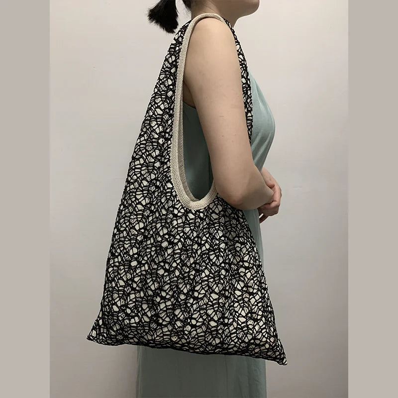 nvxiot - Women Fishing Net Handbag Hollow Out Casual Handbag Solid Color Large Capacity Soft Summer Beach Shopping Bag