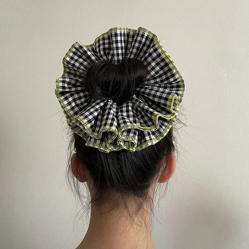 nvxiot - Retro Korean Flower Lace Scrunchies Four Layer Women Girls Exquisite Elastics Plaid Large Intestine Hair Holder Sweet INS Access