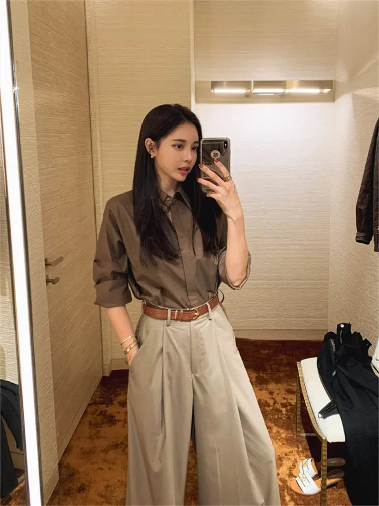 nvxiot - Korean Style Women Pleated Draped Trousers Chic High Waisted Loose Wide Leg Pants Office Ladies Solid Color Long Casual Pants