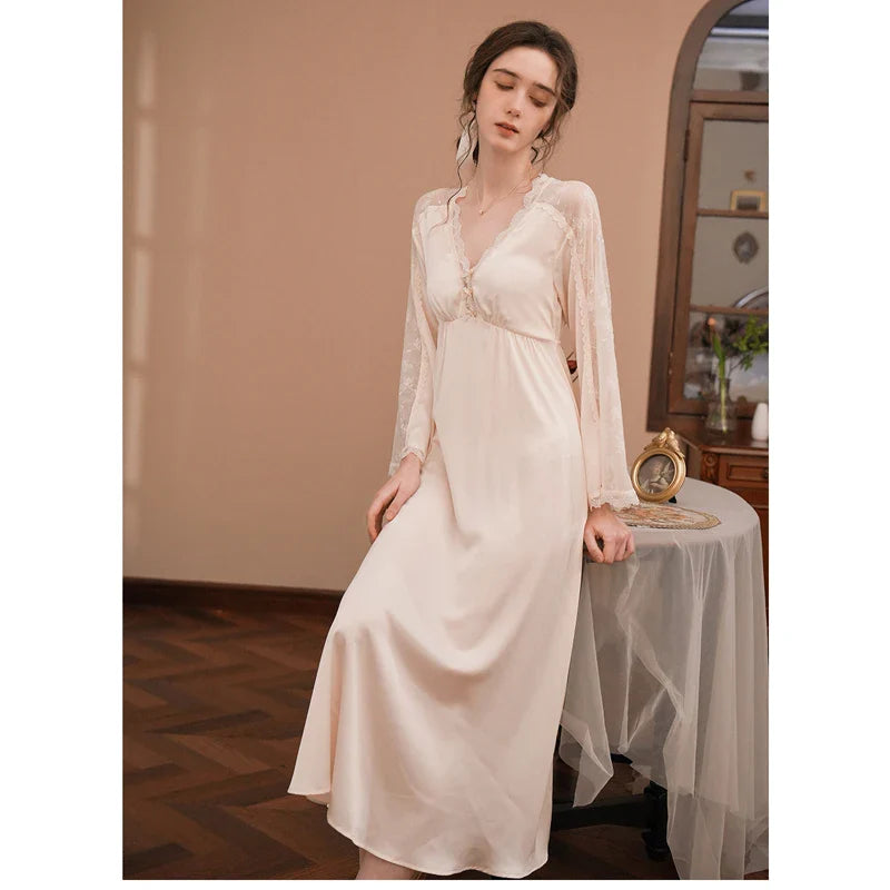 nvxiot - V-neck Long Sleeved Maternity Dresses Ice Silk Sweet Long Knee Sexy Pregnant Women's Sleeping Dress Soft Cozy Gravida Clothing