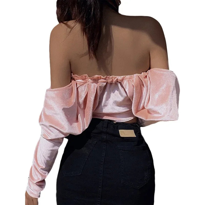 MQTIME - Pink Off Shoulder T-shirt Sexy Backless Tube Top Cropped Tops 2024 Fall Women Korean Y2k Indie Vacation Casual Party Clubwear