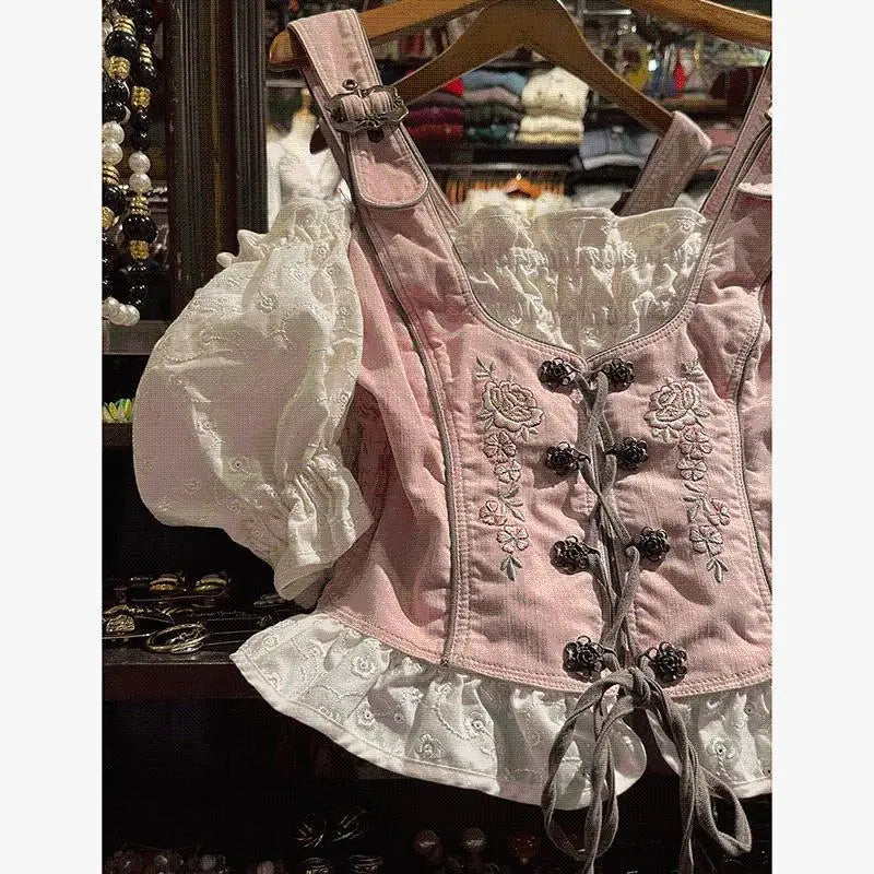 nvxiot - Summer Fake Two Pieces Shirts Puff Sleeved Lace-up Design Crop Tops Female Y2k Blouses Vintage Fashion Camisas Y Blusas