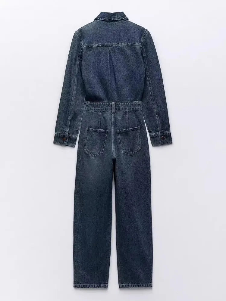 MQTIME - Blue Lapel Long Sleeved Jumpsuit For Women With A Stylish Front Pocket Embellishment, Straight Leg Long Denim Jumpsuit