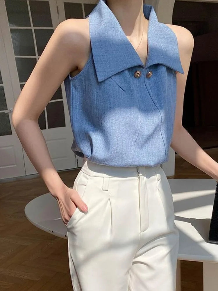 MQTIME - Temperament Lapel Blouse Women Sleeveless Off Shoulder Blue Shirts Office Lady Formal Elegant Fashion Tops Summer Chic