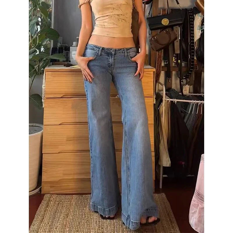 nvxiot - Women's Retro Washed Low Waisted Flared Jeans Summer New Chic Casual Wide-leg Pants Female Sexy Denim Bell-bottoms Trousers