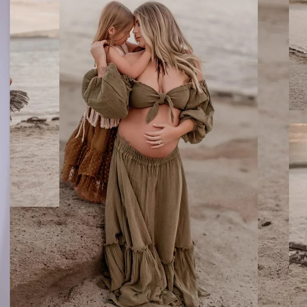 nvxiot - Maternity Dresses For Baby Showers Two Piece Set Long Sleeved Of Linen Cotton Boho Style Dress Photo Shooting Pregnancy Dress