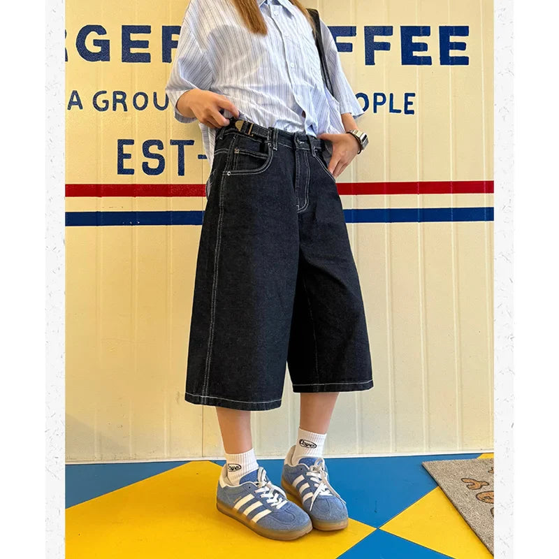 nvxiot - Women's Shorts Summer Dark Blue High Waist Jeans Y2K Straight Knee Length Pants Classic Streetwear Vintage Wide Leg Denim Shorts