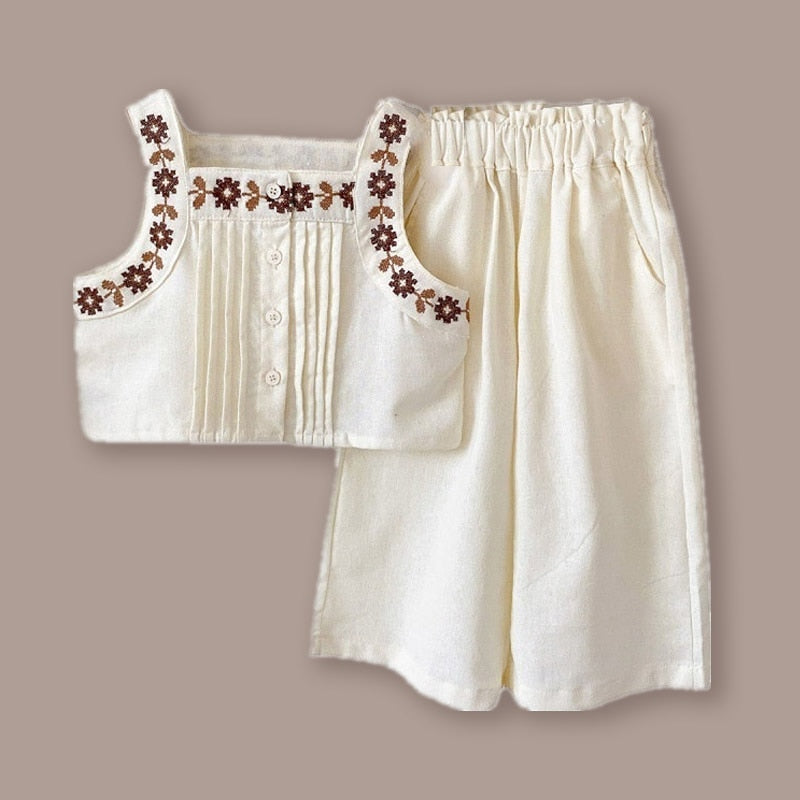 nvxiot Girl Clothes Sets Summer Solid Color Linen Cotton Spaghetti Strap Emboried Tops Wide Leg Pants 2Pcs Outfits Sets With Pants 2-7Y