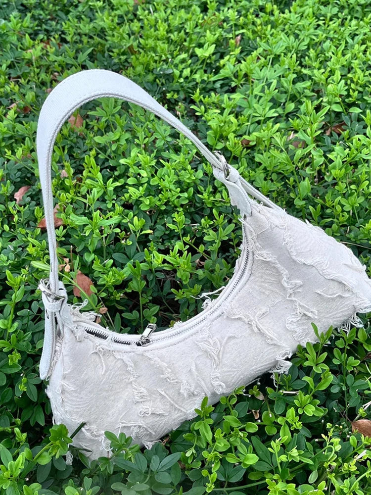 nvxiot - Celebrity Same Style Bag Ins Blogger Baguette Stitching Canvas Patch Tassel Bag Retro Single Shoulder Armpit Bag for Women