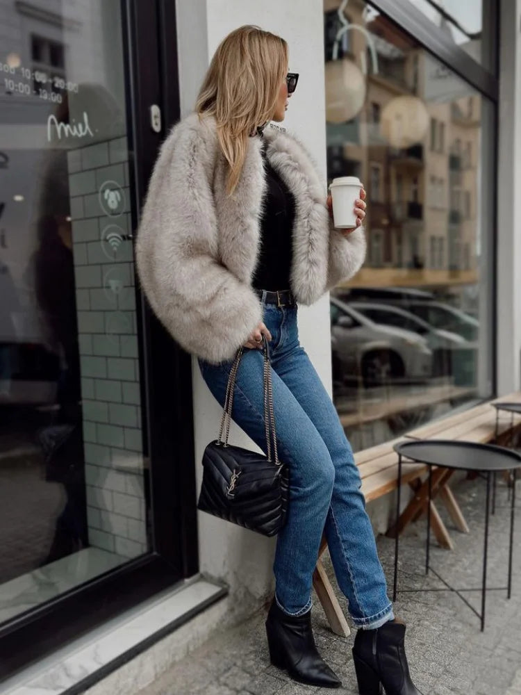 MQTIME - Fashion Faux Fur Jacket Coat Women Warm Fluffy Loose Long Sleeve V-neck Female Cardigan Winter Solid Lady Street Outwear