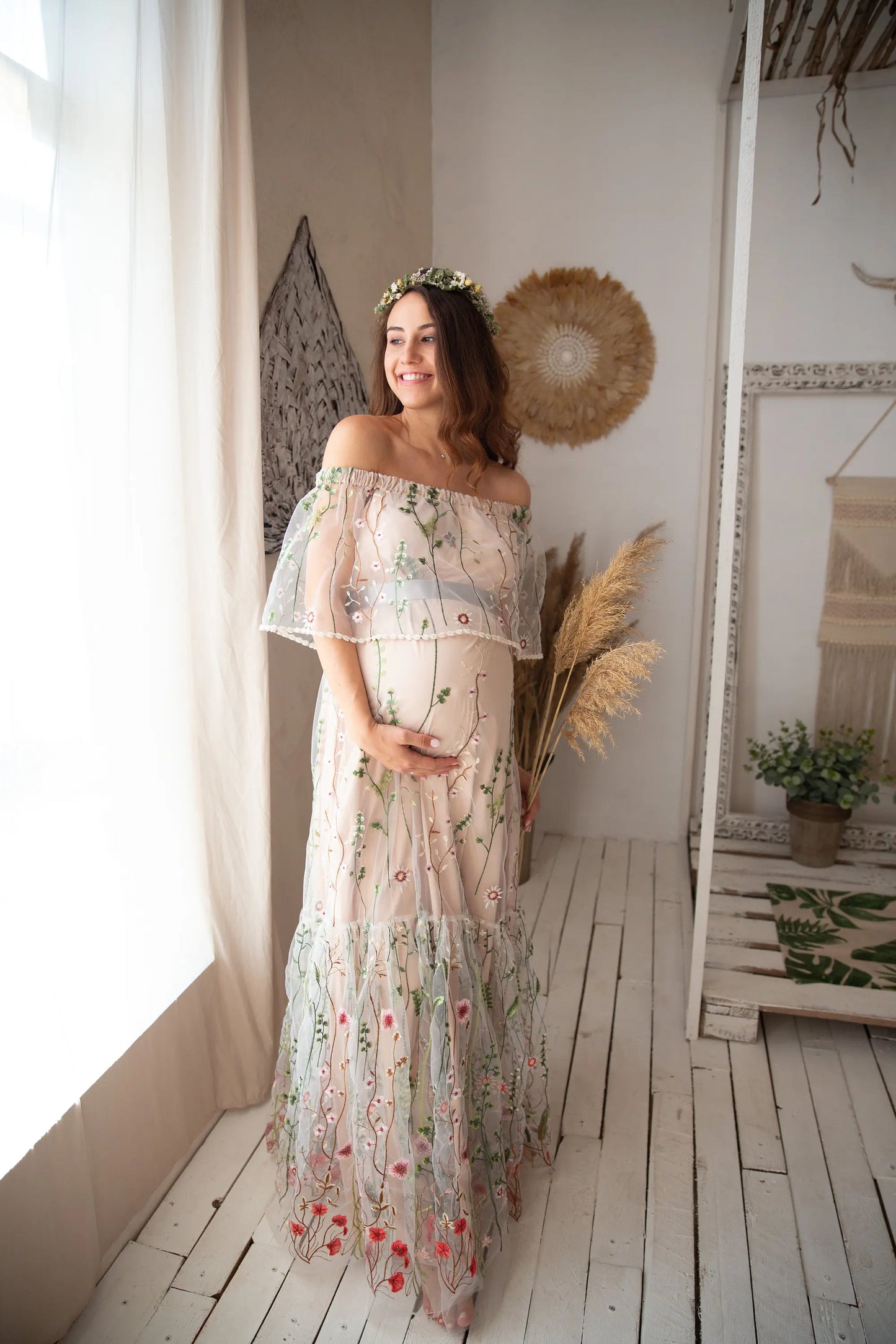 nvxiot - Embroidered Floral Bride Maternity Dress for Photoshoot Wedding Guest Baby Shower Pregnancy Dress Robes for Women