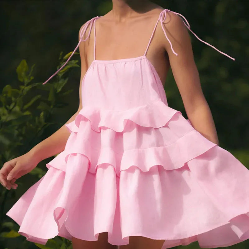 MQTIME - Summer Solid Color High Waist Mini Dress Fashion Casual Slash Neck Ruffles Sling Dress Female Cotton Backless Layered Cake Dress