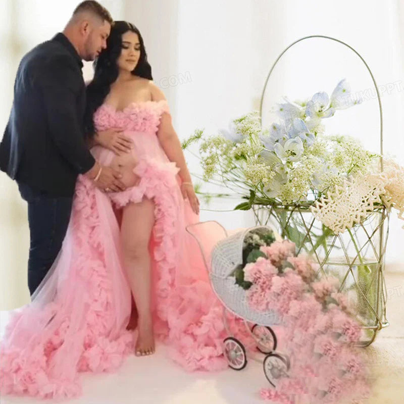 MQTIME - Maternity Photoshoot Tulle Maxi Gown Baby Shower Dress Tiered Ruffles Party