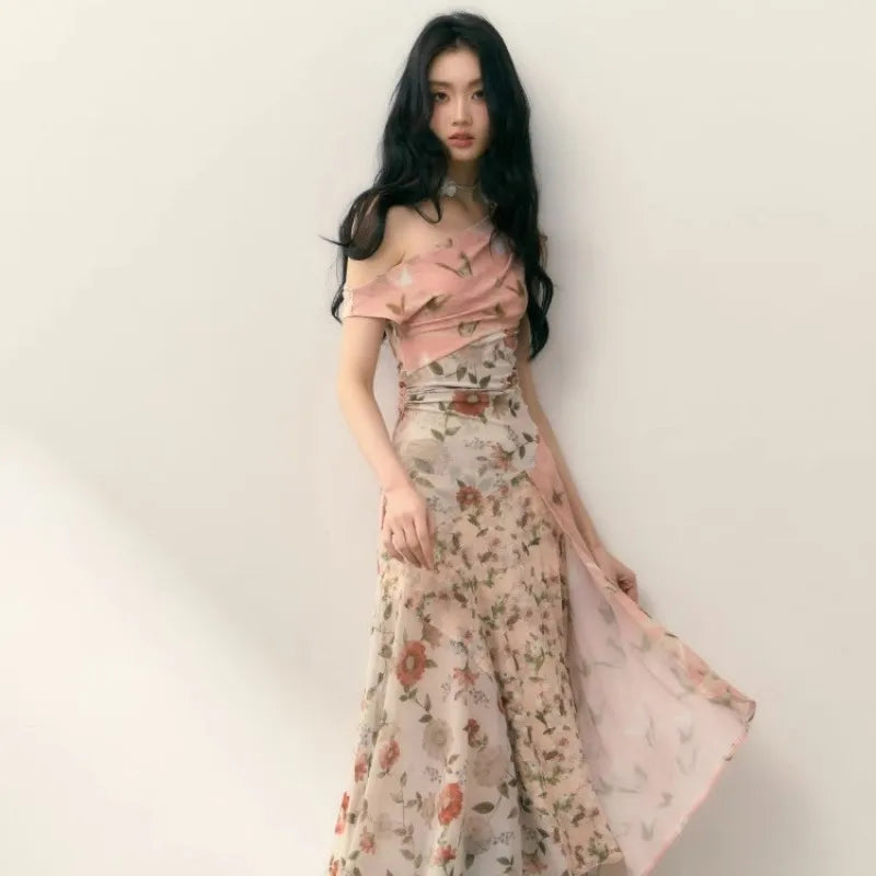 MQTIME - Fragmented Floral Patchwork Dress For Women'S Summer New High-End Design, Elastic Mesh Diagonal Shoulder Slit Irregular Slim Fit