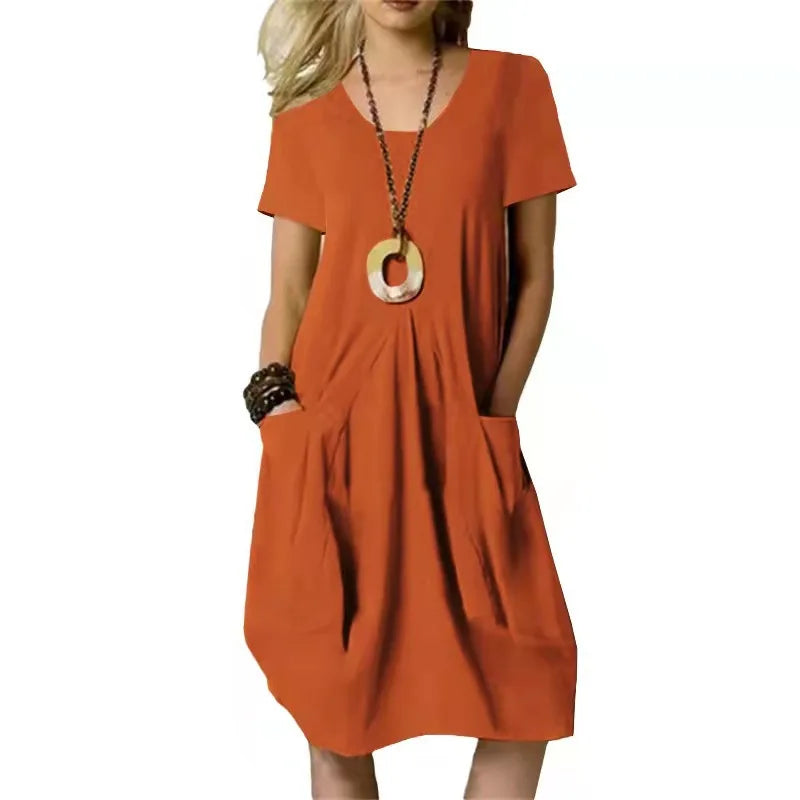 MQTIME - Summer New Cotton And Linen Solid Color Loose Round Neck Short-sleeved Dress Casual Style Long Dress