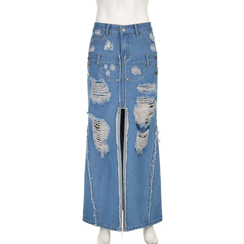 nvxiot - Tassel Hole Denim Maxi Skirts Women High Waist Button Fly Split Ripped Long Jeans Skirt Fashion Casual Streetwear Bottoms