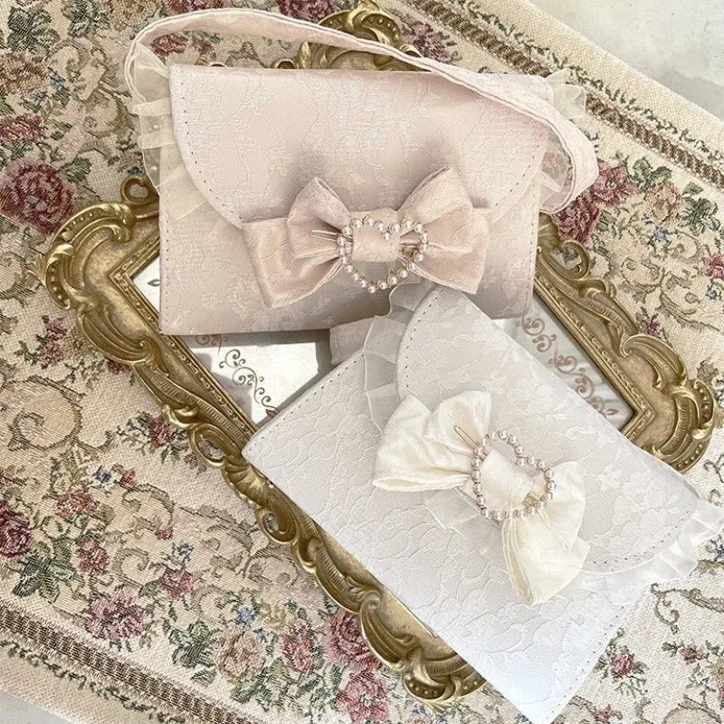 nvxiot - Lace Elegant Shoulder Bag for Women White Bow Cute Pearl Lolita Jk Handbag Original Exquisite Literary Fashion Armpit Bag