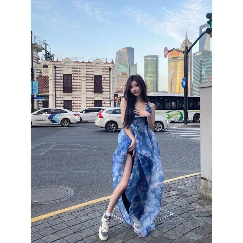 MQTIME - Floral Halter Dress Female Summer Dress Beach Holiday Beach Dress Fairy Dress Vibe Dress Casual Style Beach Dress