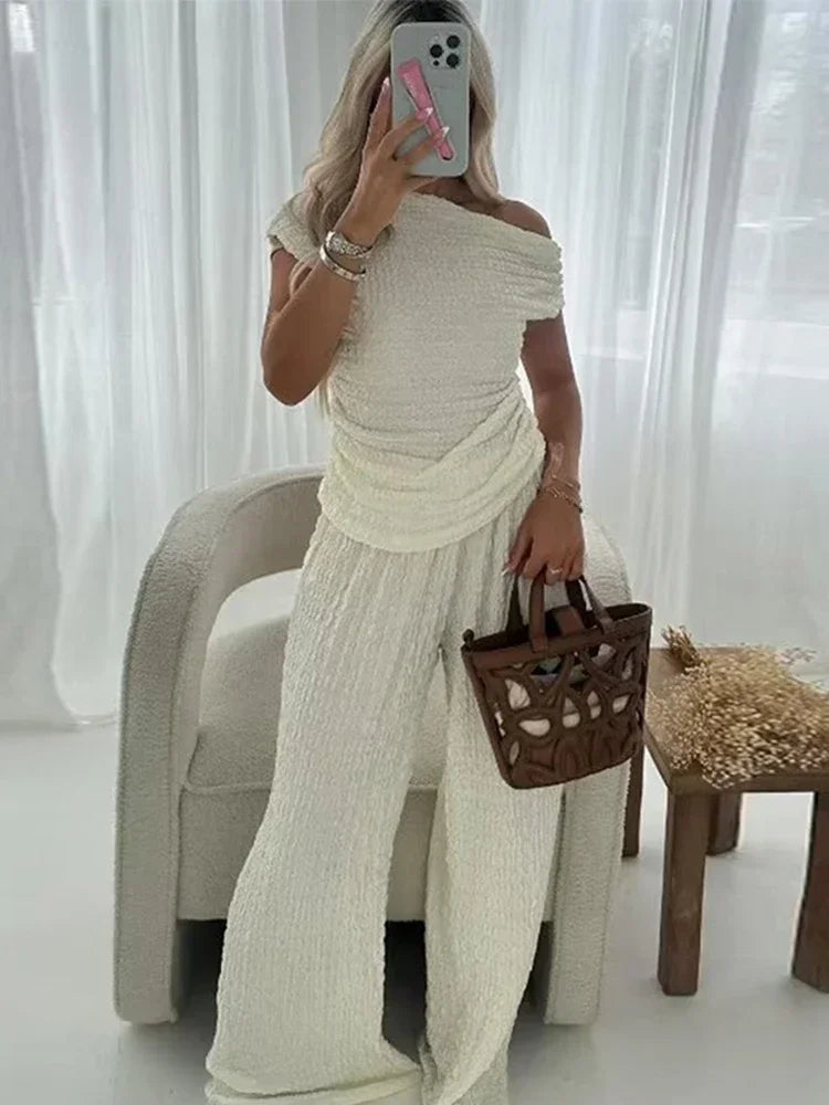 nvxiot - Off Shoulder Pant Suit Women Fold Sleeveless Top Wide Leg Pants Female Set 2024 Summer Fashion Solid Street 2 Pieces Sets