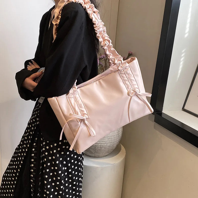 nvxiot - Pink Blue White Bow Pu Handbags Fashion Simple Big Capacity Casual Shoulder Bags For Women Trendy Daily Party Tote Handbags 2024