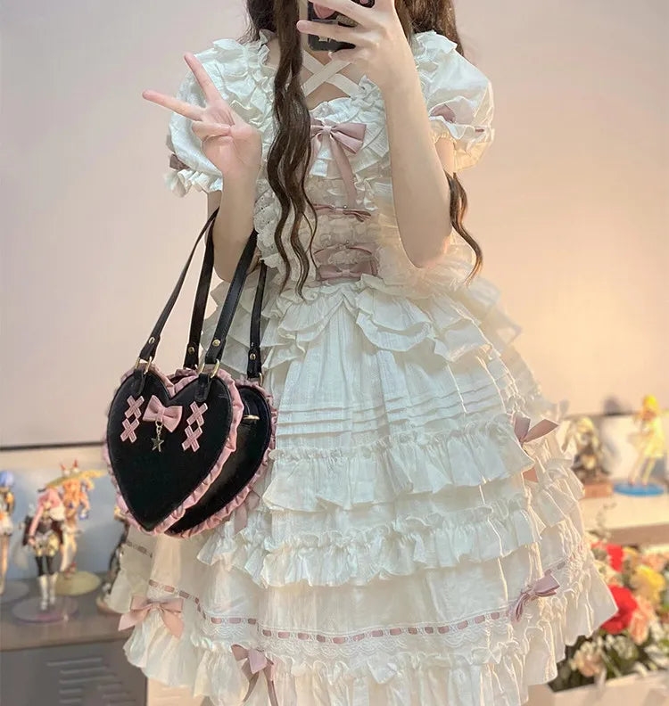 MQTIME - Lolita Kawaii Love Bow Knot Heart Purses Handbags Women Lolita Shoulder Bag Stitching Color Leather Japanese Handbag New