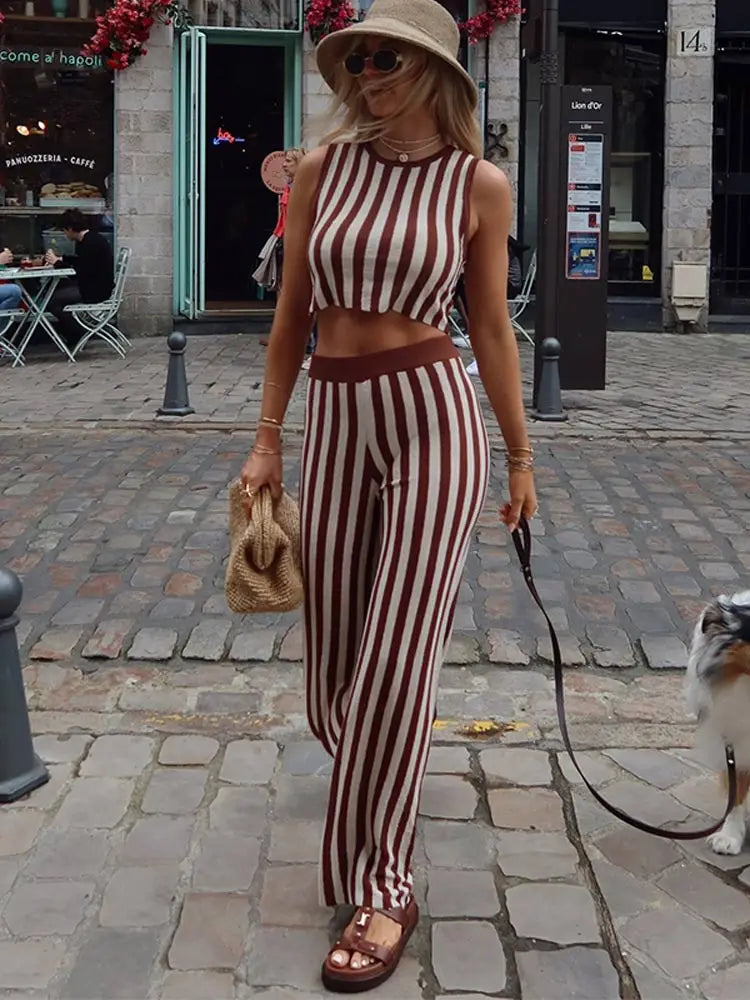 MQTIME - Fashion Striped Printed Sleeveless Women Tops Suits Casual O Neck Straight Pants Sets 2024 New Chic Female Office Outfits