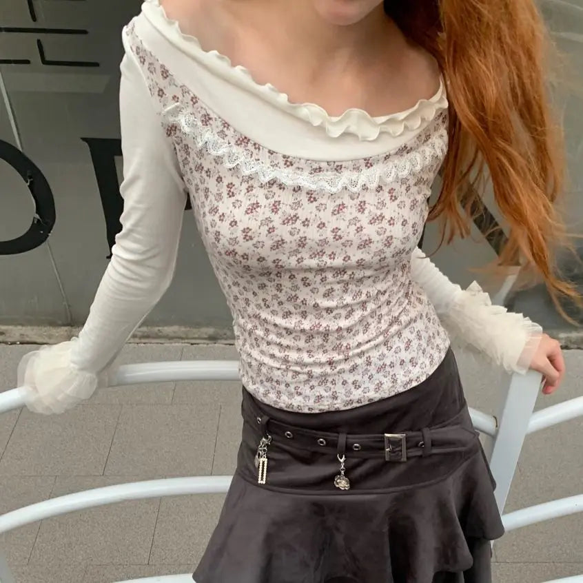 MQTIME - Mesh Fungus Ruffle Flower Graphic Slim Top Off Shoulder T-Shirt Women Fall T Shirt harajuku fairycore 2000s y2k grunge aesthetic