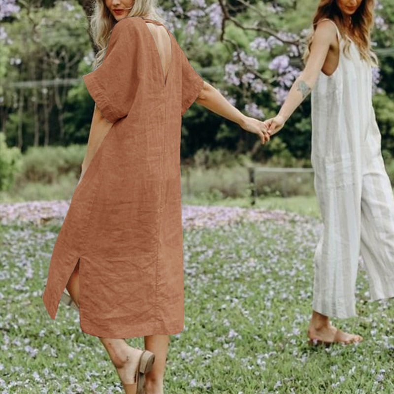 nvxiot Cotton Linen Women'S Summer Dress Sexy V-Neck Short Sleeve Open Side Back Hollow Out Harajuku Long Party Dresses Vestidos