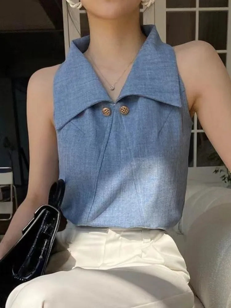 MQTIME - Temperament Lapel Blouse Women Sleeveless Off Shoulder Blue Shirts Office Lady Formal Elegant Fashion Tops Summer Chic