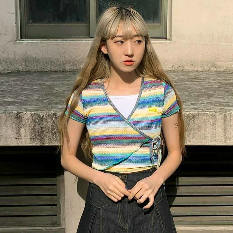 MQTIME - Bandage All-Match Irregular Criss Cross Fashion Casual Crop T-Shirts Summer Women Short Sleeve V-Neck Multicolor Stripe Top