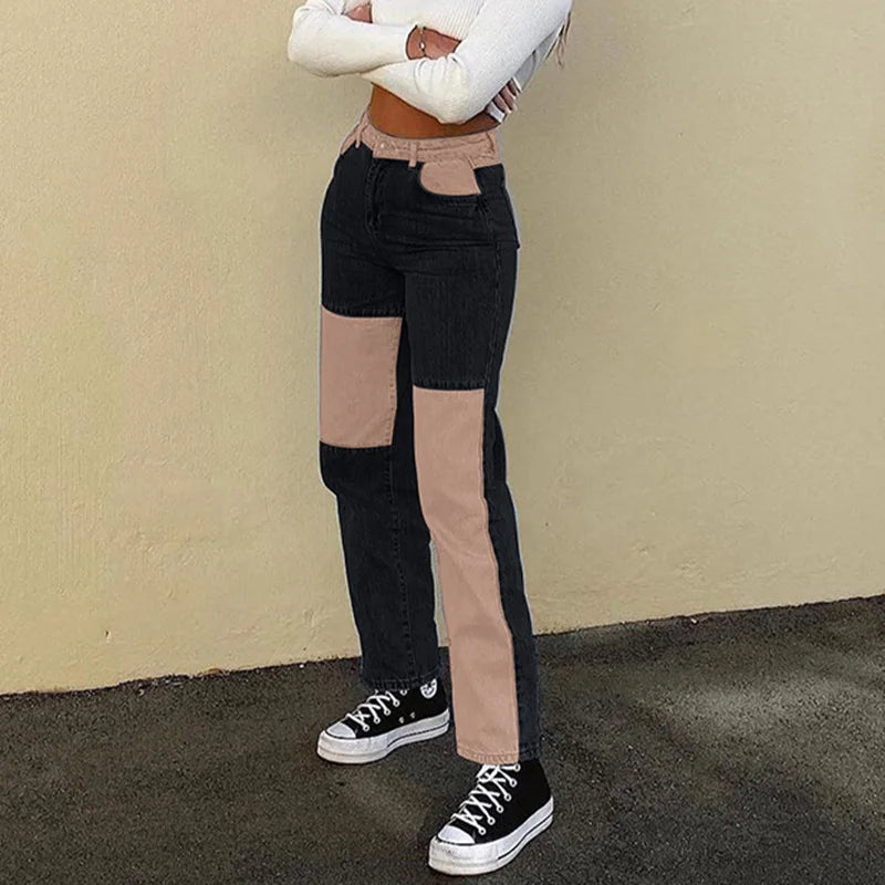 nvxiot Summer new straight leg jeans women'sEurope and the United States hip-hop street color splicing thin casual jeans and trousers
