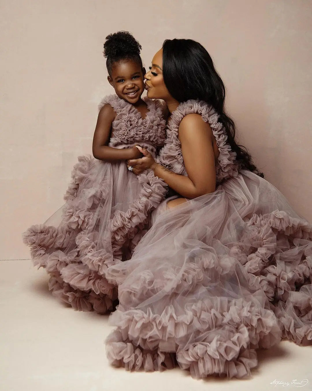 nvxiot - Dusty Pink Ruffled Tulle Maternity Dress Mom and Daughter Photoshoot Gown Corset Back Pregnancy Photography Dresses