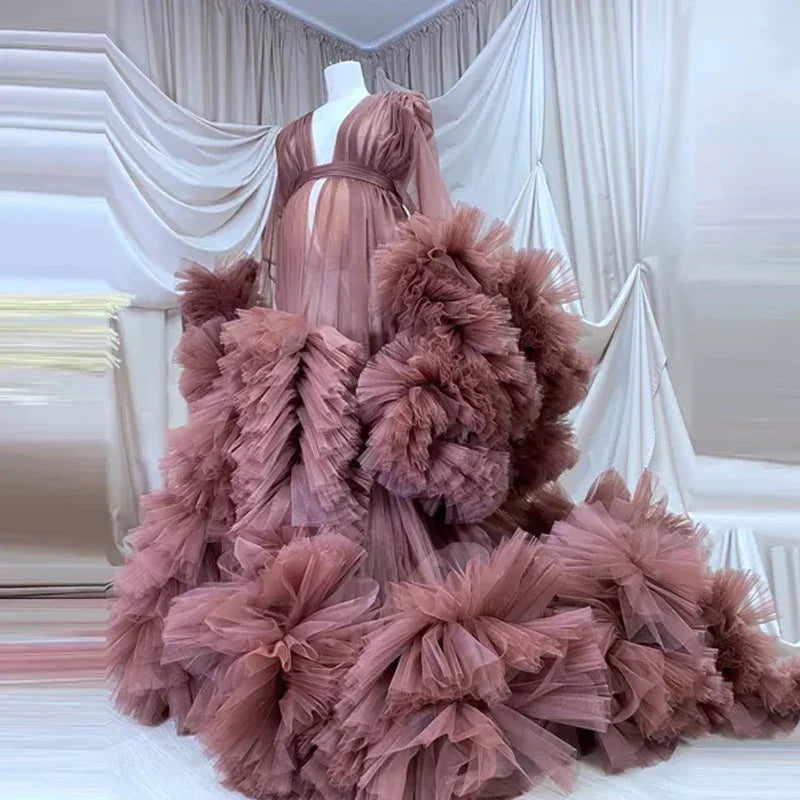 nvxiot - Real Image Floral Ruffled Bridal Maternity Dress Sexy Slit Elastic Maternity Dresses Photoshoot Baby Shower Baby Shower