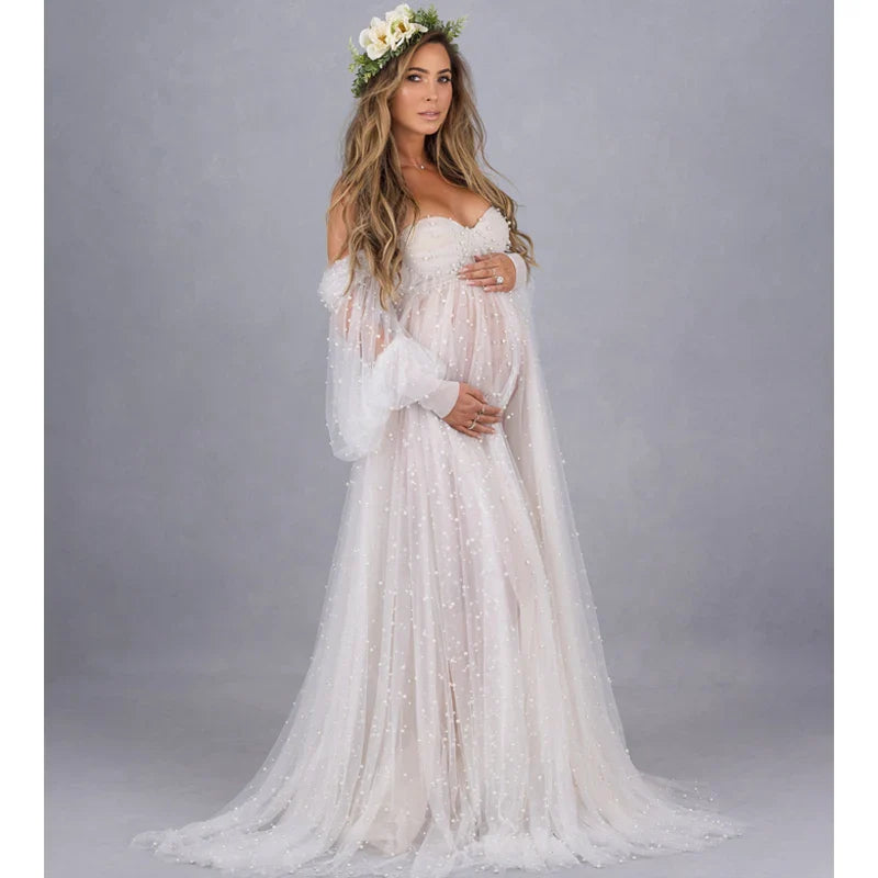 nvxiot - Pearl Tulle Maternity Dress for Photoshoot Long Puffy Sleeve Off Shoulder Babyshower Bridal Pregnancy Gowns