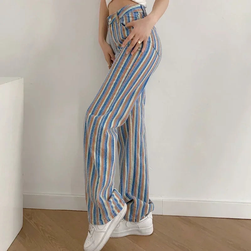 nvxiot - Summer Fashion Women's Pants Women's Clothing e girl aesthetic Color Striped Straight High Waist Casual Pants Streetwear Women