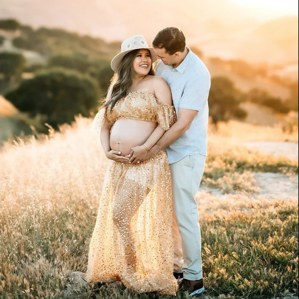 nvxiot - Pregnant Women Photography Dress Transparent Mesh Studded Pearl Sequin Two-Piece Set Maternity Photography Props Dress