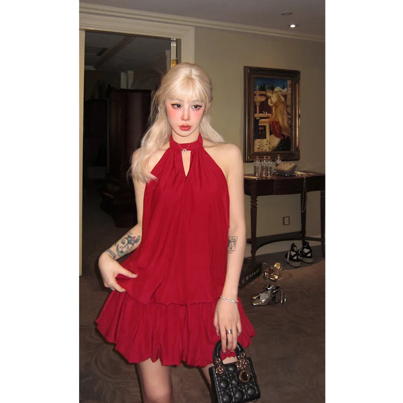 MQTIME - Summer Women Red Dress Hanging neck Design Sexy Europe and America Fashion Temperament 2024 NEW Female Sleeveless Solid Dress