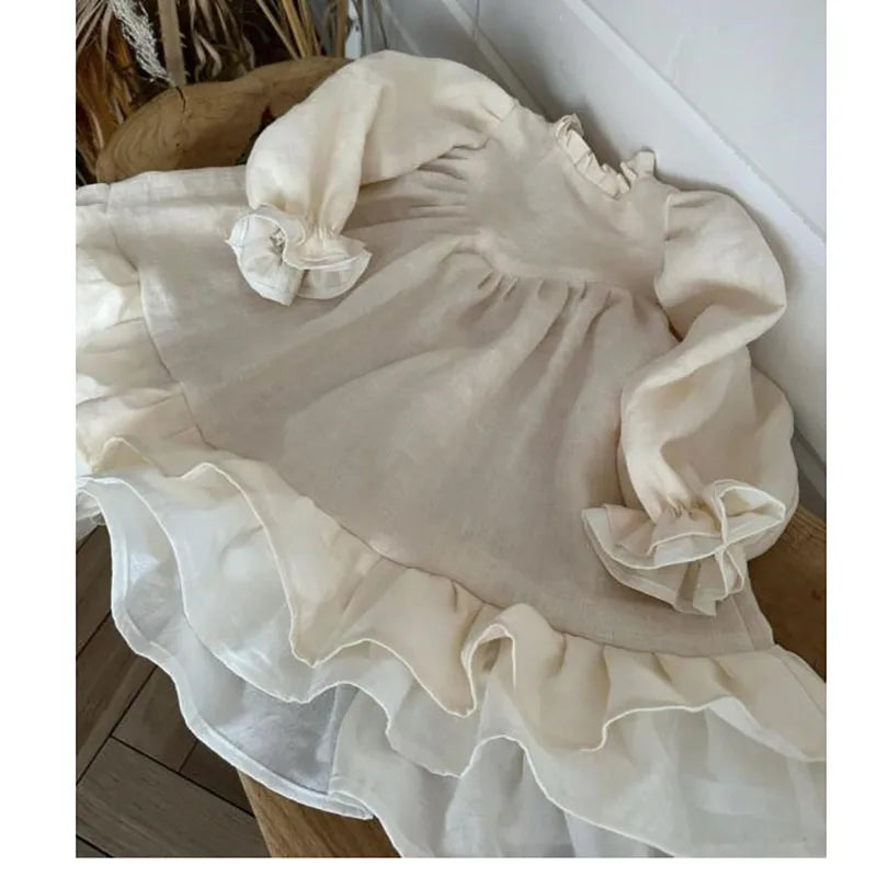 MQTIME - Spring Toddler Big A-line Girls Dress Linen Dress for Girls Puff Sleeve Princess Kids Clothes Patchwork Dresses 2-7Y