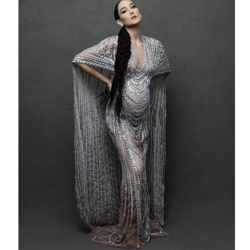 nvxiot - Maternity Photography Props Dress Pregnant Woman Photo Shoot Outfit Long Dresses Sexy Goddess Shiny Rhinestone Sequins Cape