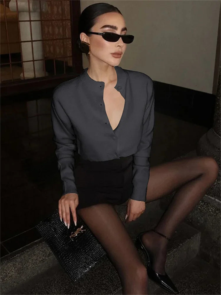 nvxiot - Knit Cardigan Sweater Female Long Sleeve Cropped Solid Top Streetwear Casual Patchwork Commute Top Women Knitwear Cardigan