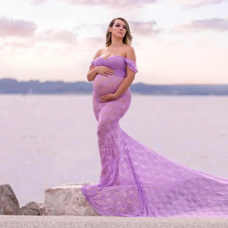 nvxiot - Lace Maternity Gown Dress Pregnant Clothes Photography Props Perspective Sexy Photo Shoot Women Trailing Dress Mother Vestidos