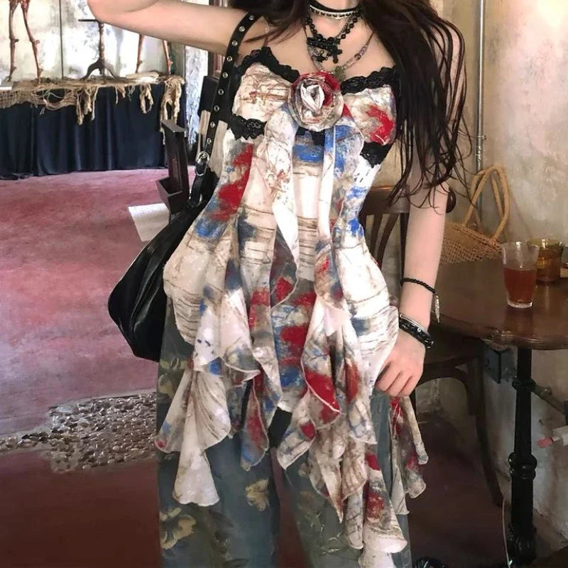 MQTIME - New American Style Sexy Gyaru Halter Top Women Design Sweet Print Slim Camisole Summer High Street Coquette Asymmetrical Tees